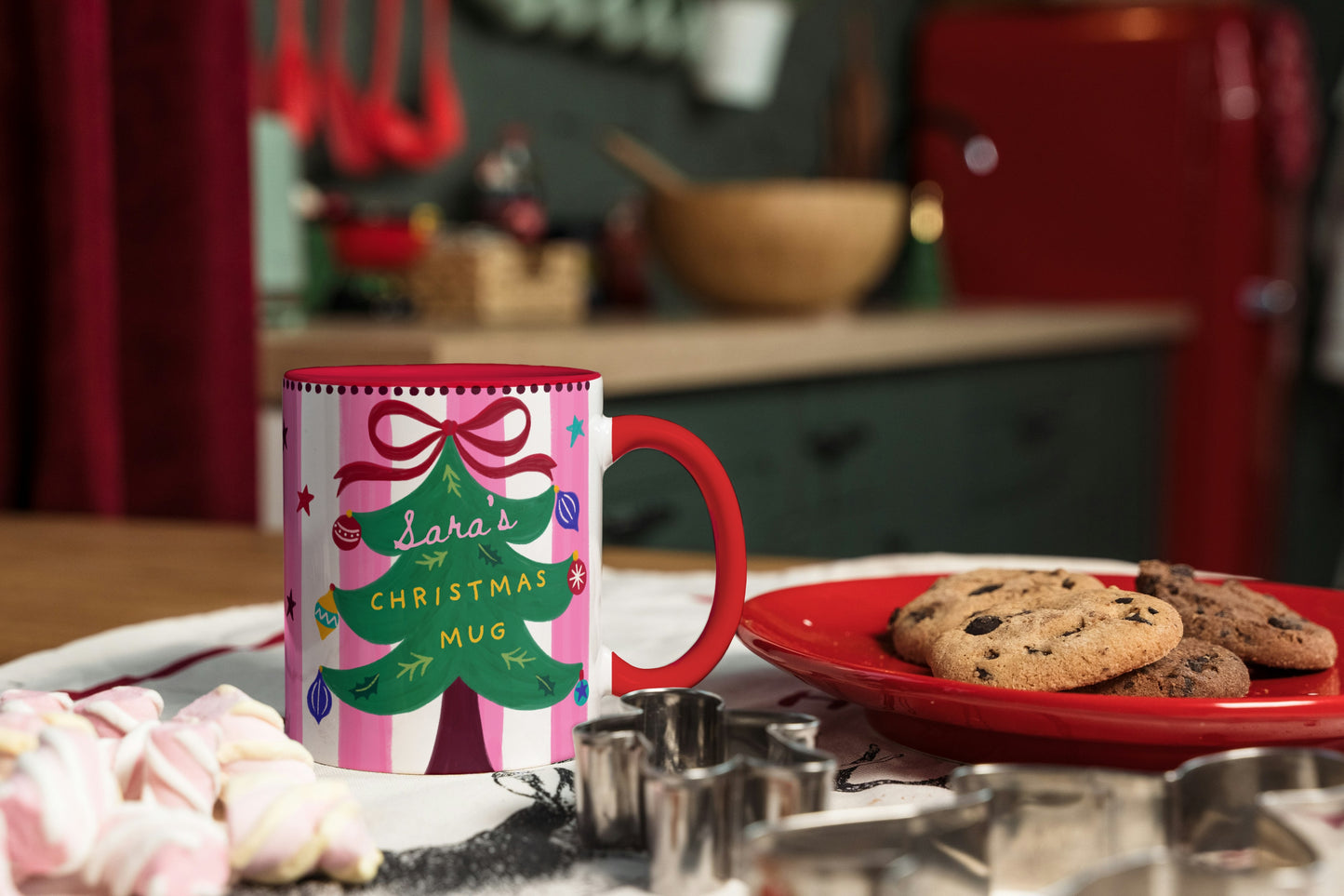 Christmas Mug with Custom Name, Handmade Christmas Tree Design
