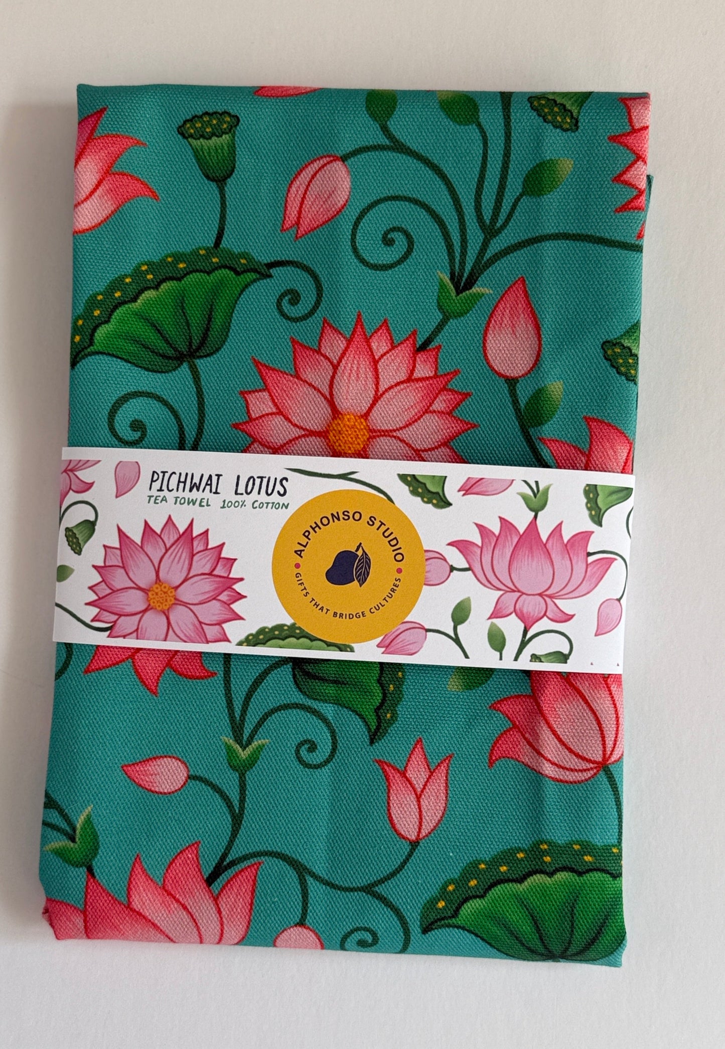 Designer cotton tea towel lotus handmade artwork