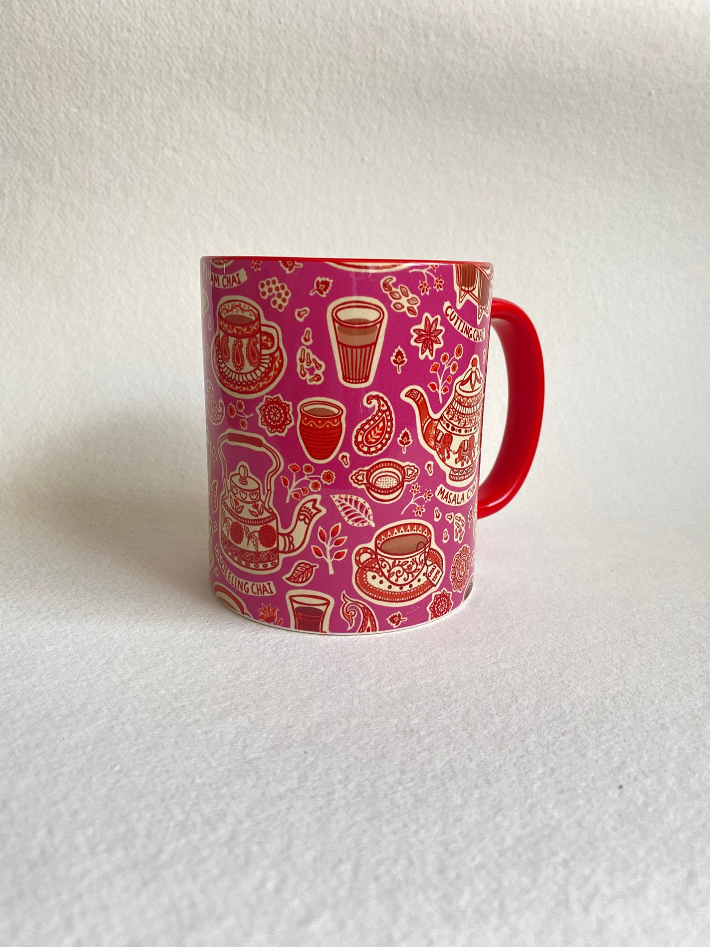 Indian tea chai mug with chai motifs from India, ginger, cardamon, for indian home decoration, or kitchen. great house warming, diwali gift or birthday present, including indian festivals