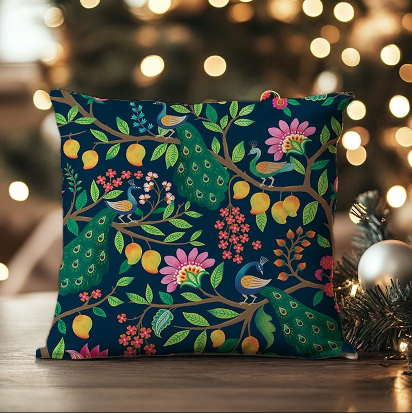 Luxury cushion cover Peacocks on Mango tree hand drawn