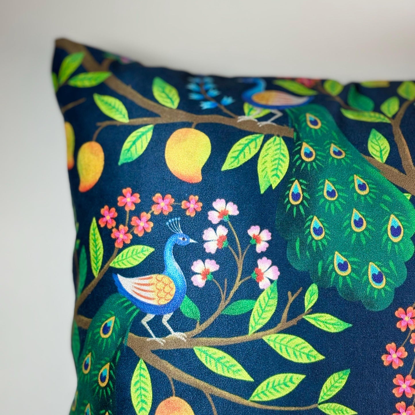 Peacocks on Mango tree hand drawn cushion cover for elegant home decor inspired by Indian forest theme beautifully hand crafted design , luxury cushion cover