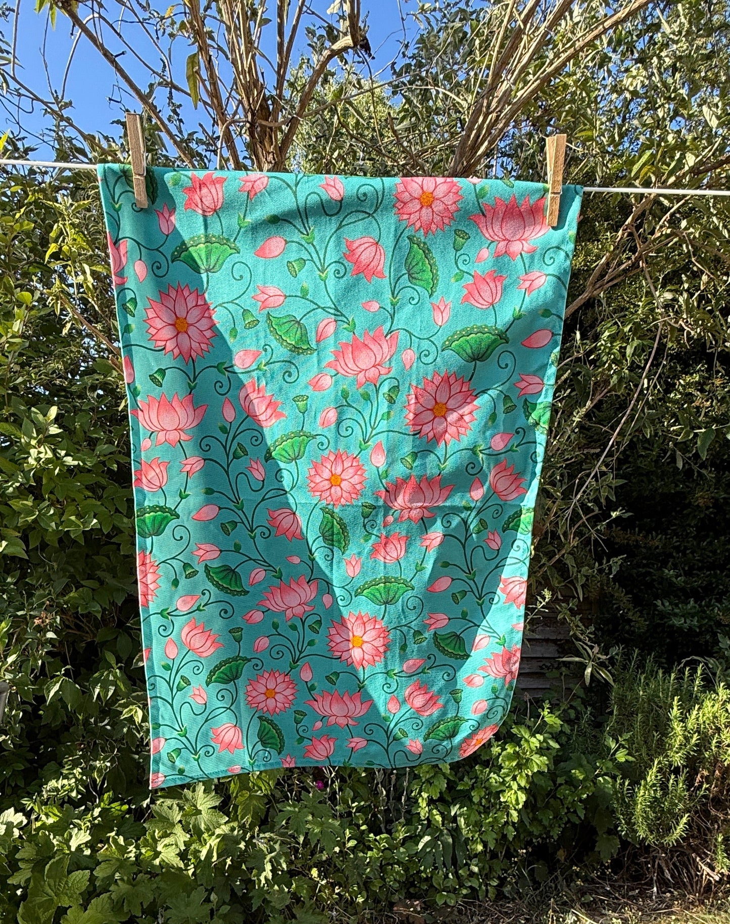 Designer cotton tea towel with handmade art work of lotus, Indian inspired design
