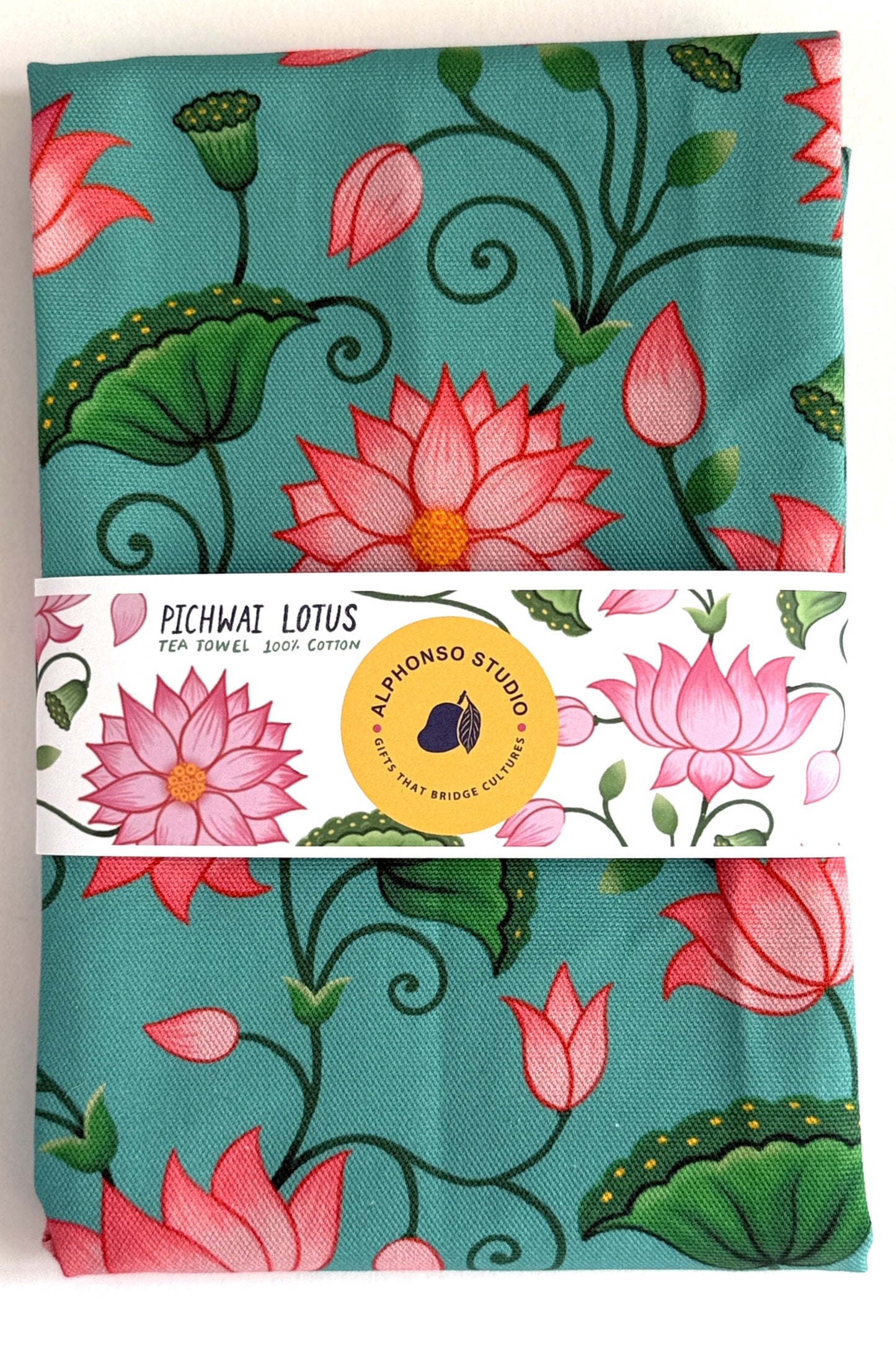 Designer cotton tea towel with handmade art work of lotus, Indian inspired design