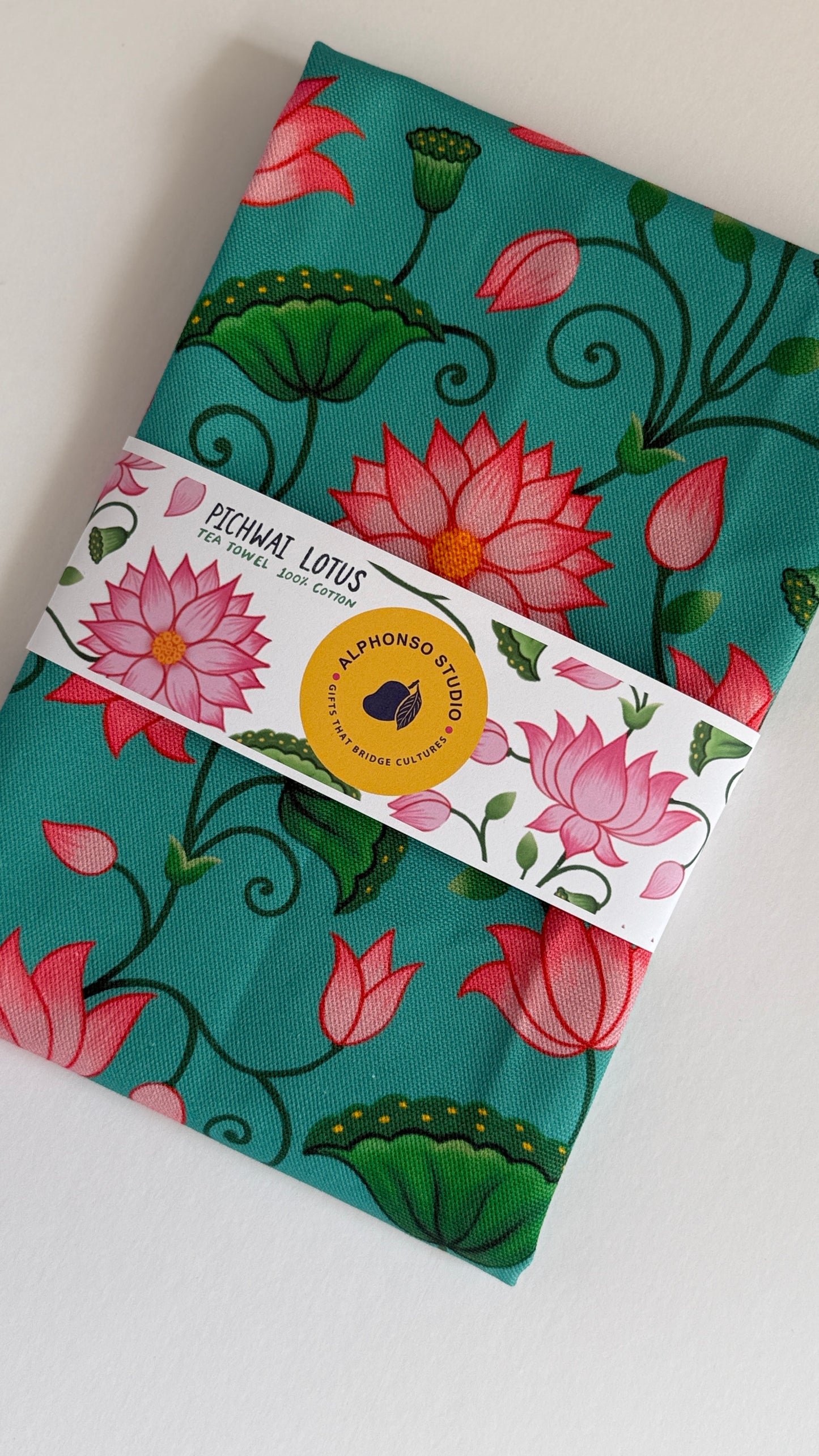 Designer cotton tea towel with handmade art work of lotus, Indian inspired design