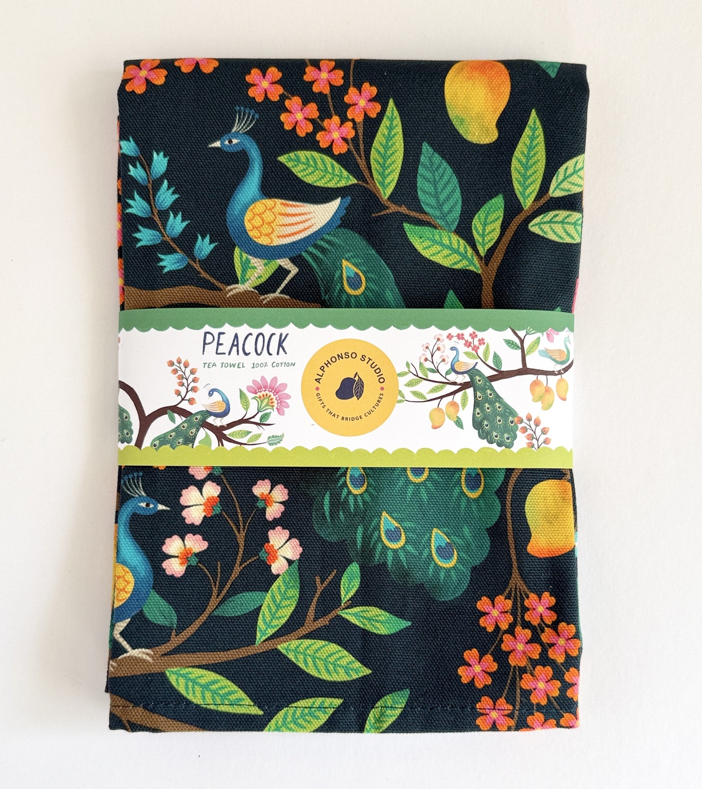 Designer cotton tea towel with handmade art work of peacock and mango tree, Indian inspired design