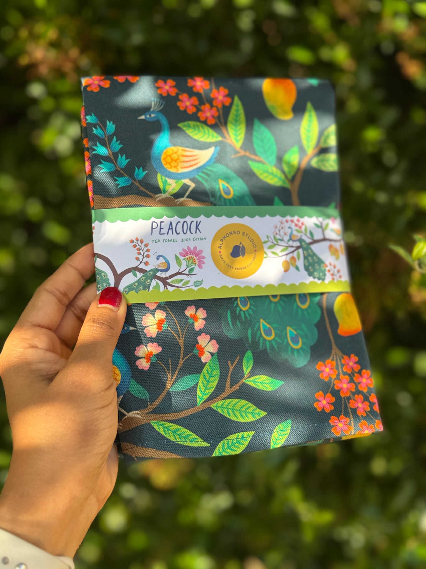 Designer cotton tea towel with handmade art work of peacock and mango tree, Indian inspired design