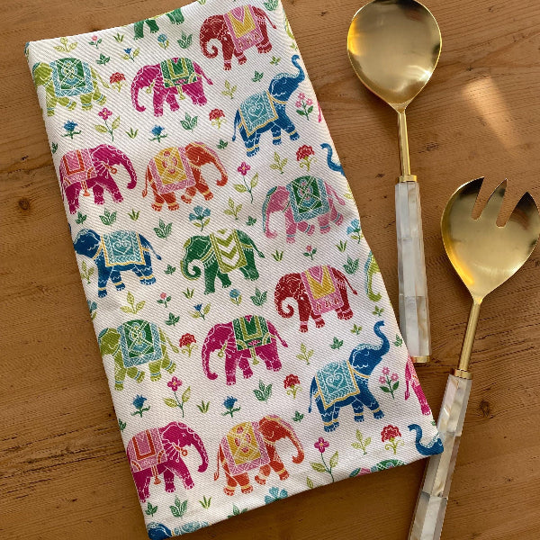 Royal Elephant Tea towel with Indian inspired design for gifts at any occasion such as Christmas, Diwali, house warming, hostess gift. Elegant designer kitchen towel.