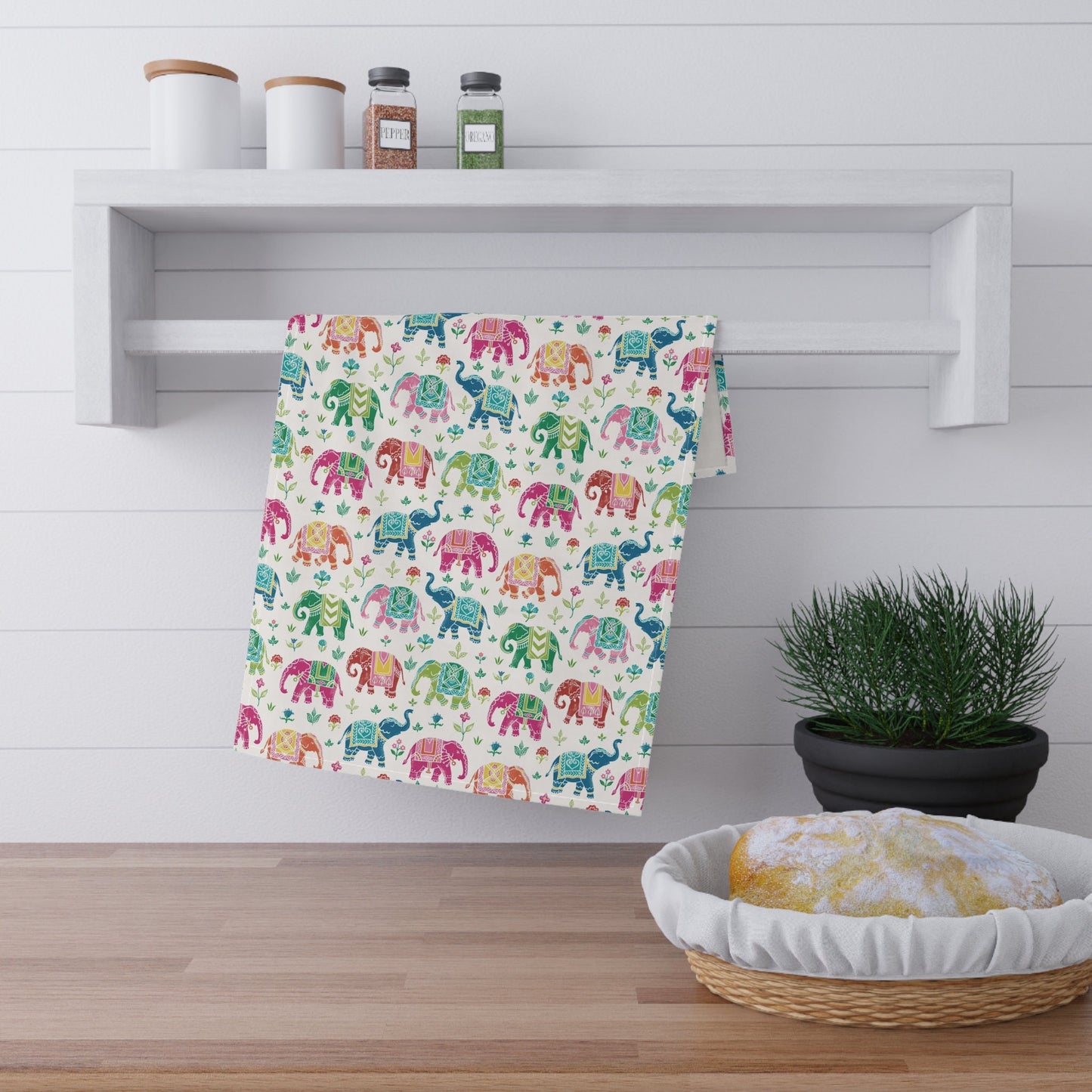 Royal Elephant Tea towel with Indian inspired design for gifts at any occasion such as Christmas, Diwali, house warming, hostess gift. Elegant designer kitchen towel.