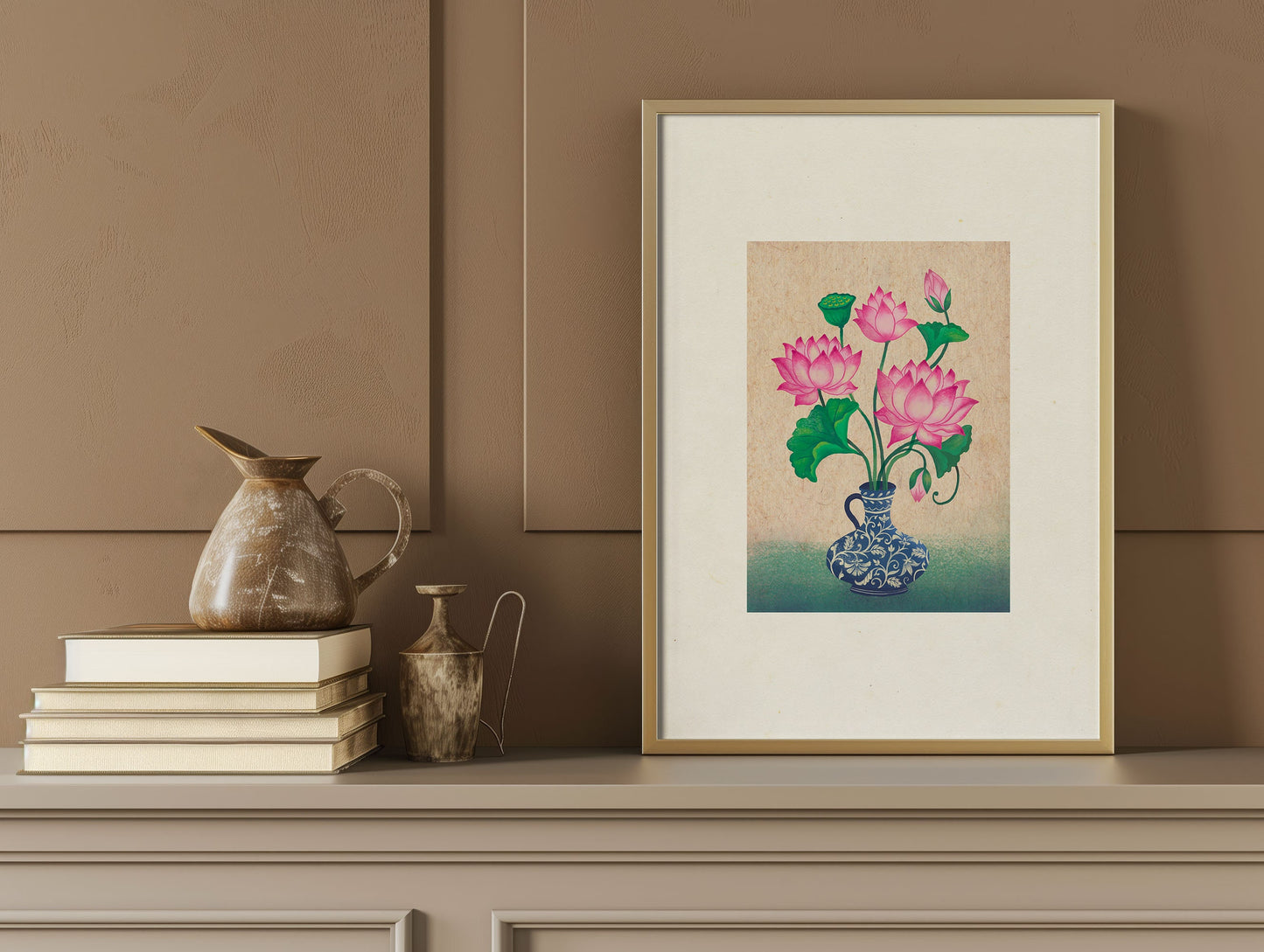 Lotus with Blue Pottery Handmade Art Print