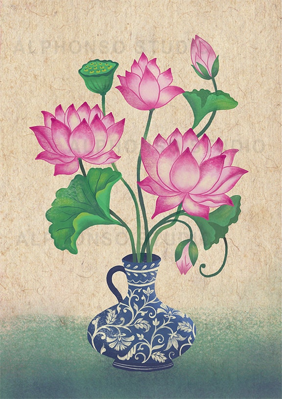 Lotus with Blue Pottery Handmade Art Print