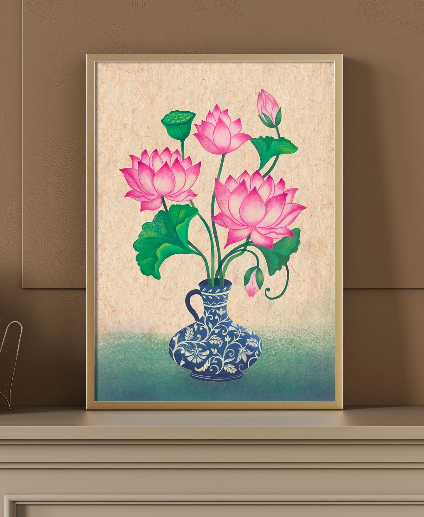 Lotus with Blue Pottery Handmade Art Print