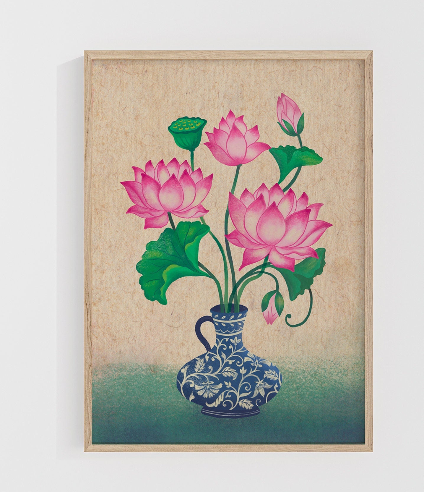Lotus with Blue Pottery Handmade Art Print