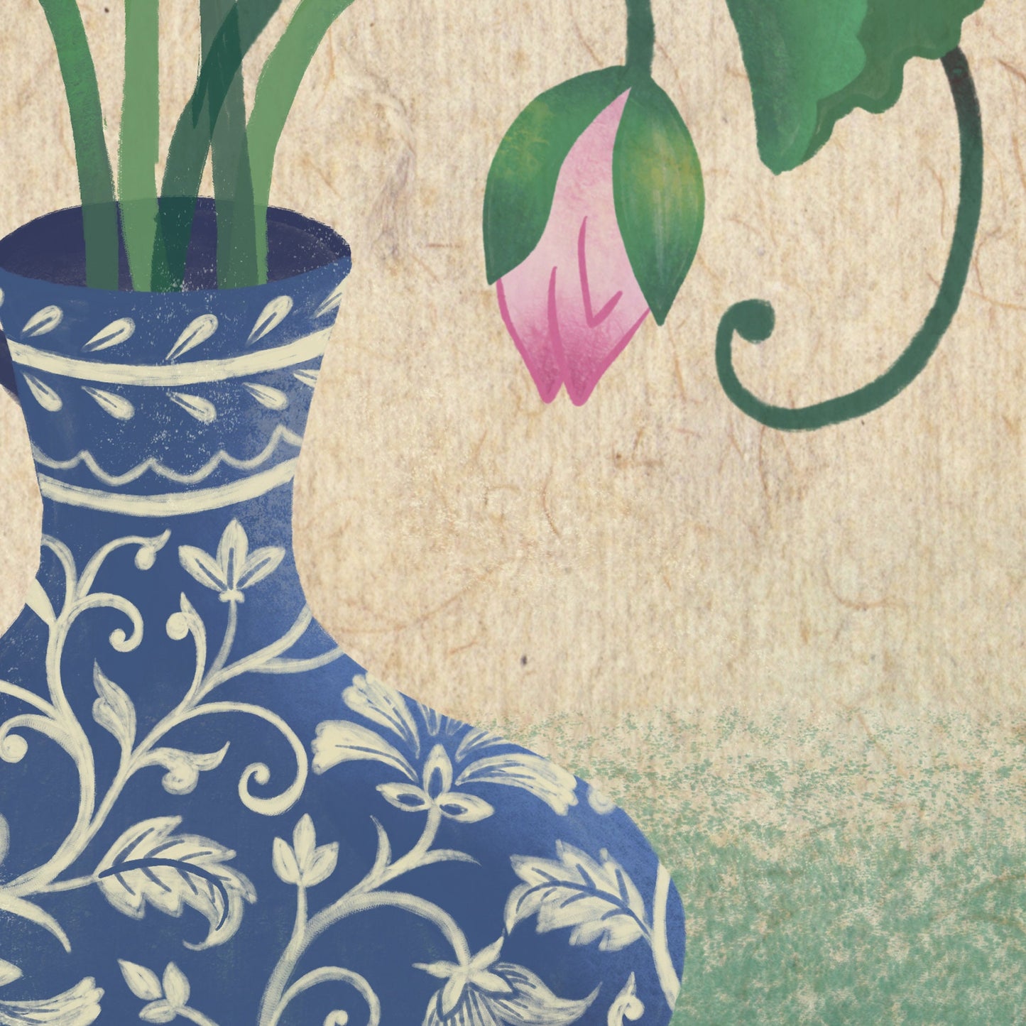 Lotus with Blue Pottery Handmade Art Print
