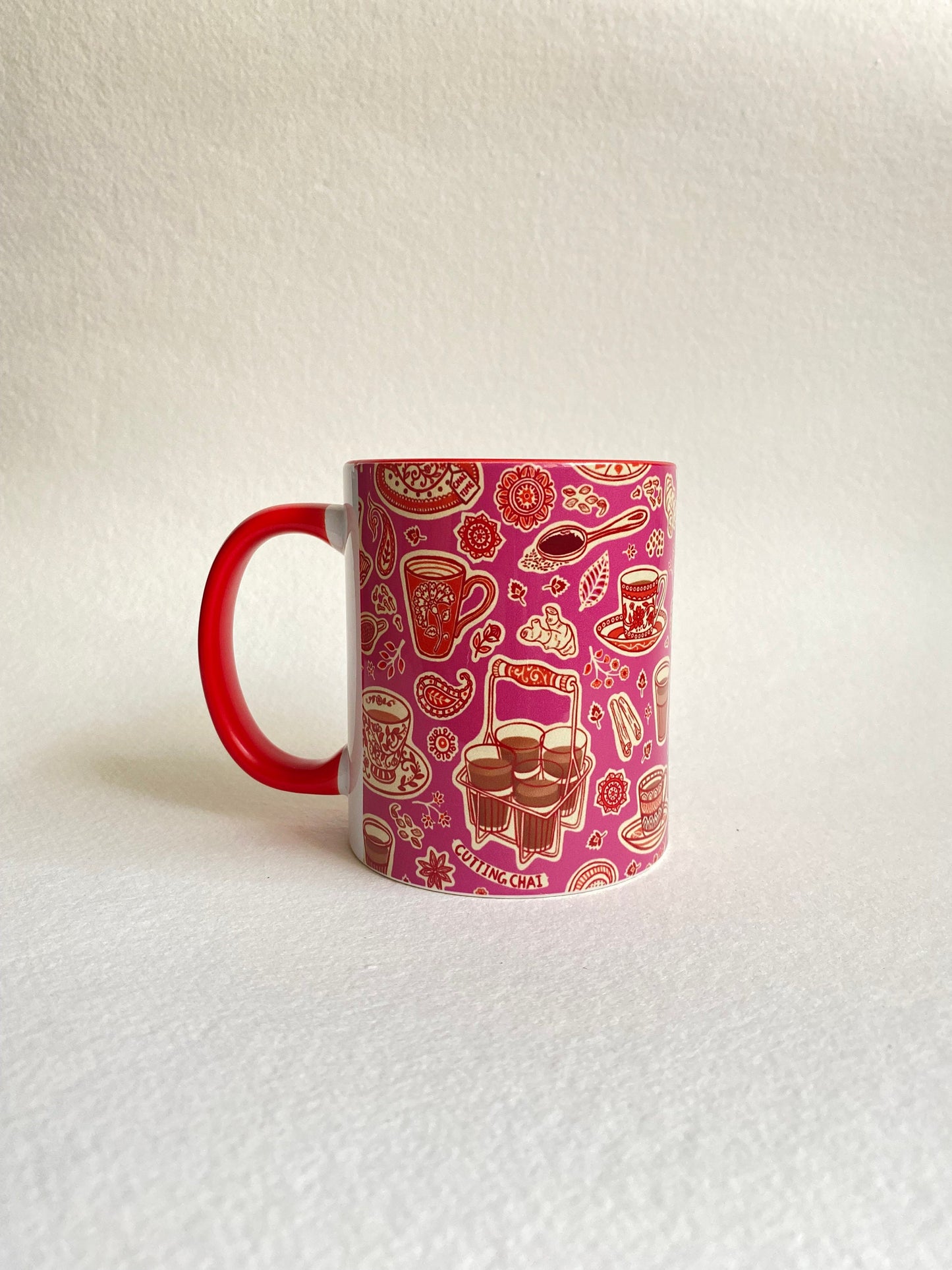 Indian tea chai mug with chai motifs from India, ginger, cardamon, for indian home decoration, or kitchen. great house warming, diwali gift or birthday present, including indian festivals