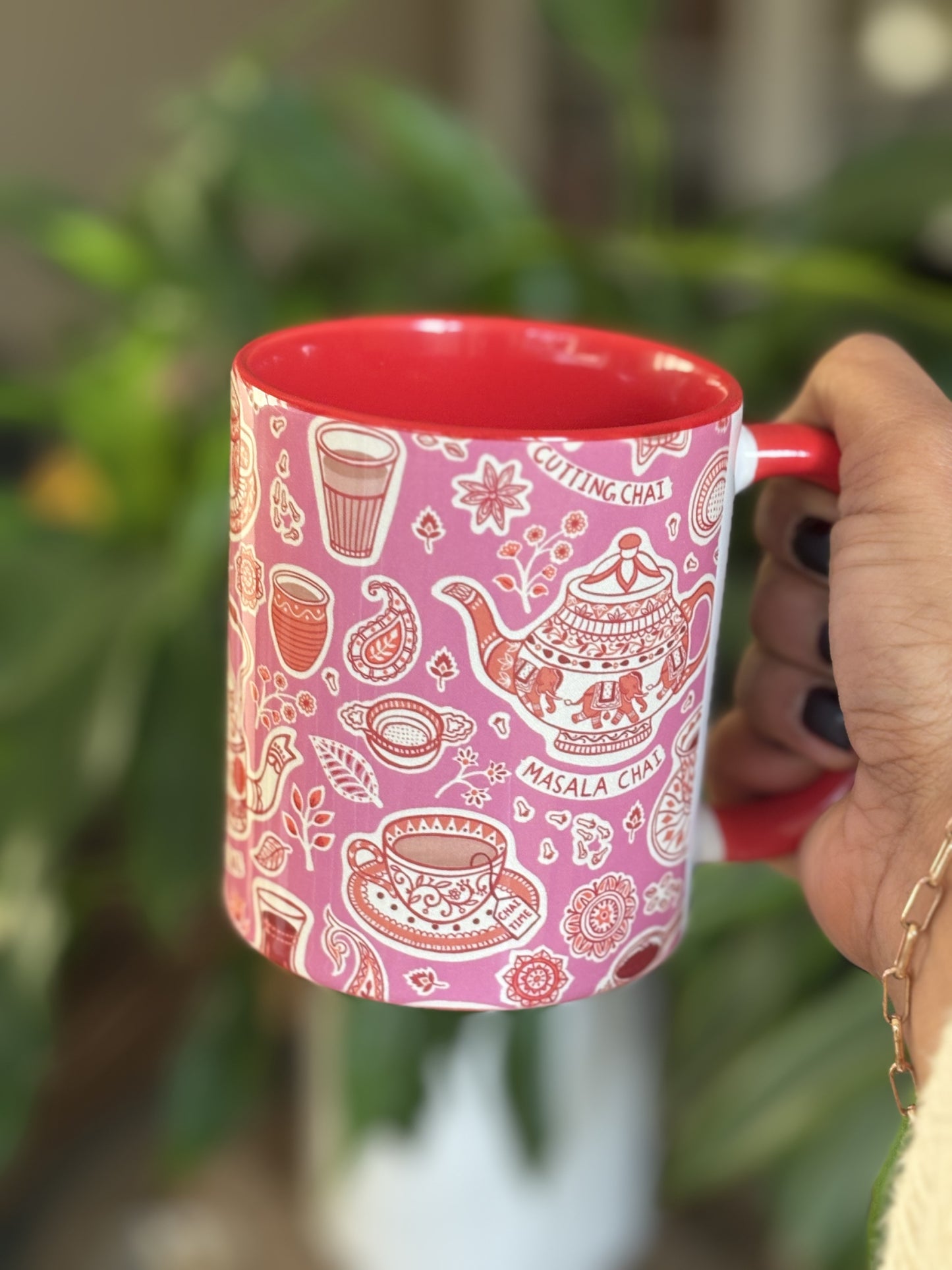 Indian tea chai mug with chai motifs from India, ginger, cardamon, for indian home decoration, or kitchen. great house warming, diwali gift or birthday present, including indian festivals