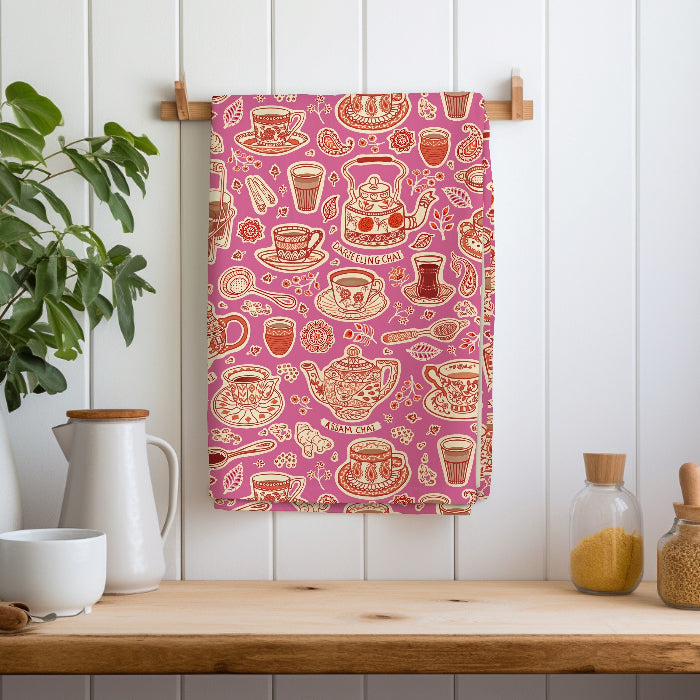 Kitchen towel or tea towel designed for chai enthusiasts! This towel features Indian motifs for home decor the traditional chai brewing. Made from premium-quality cotton. gift for house warming, birthday, diwali or christmas.