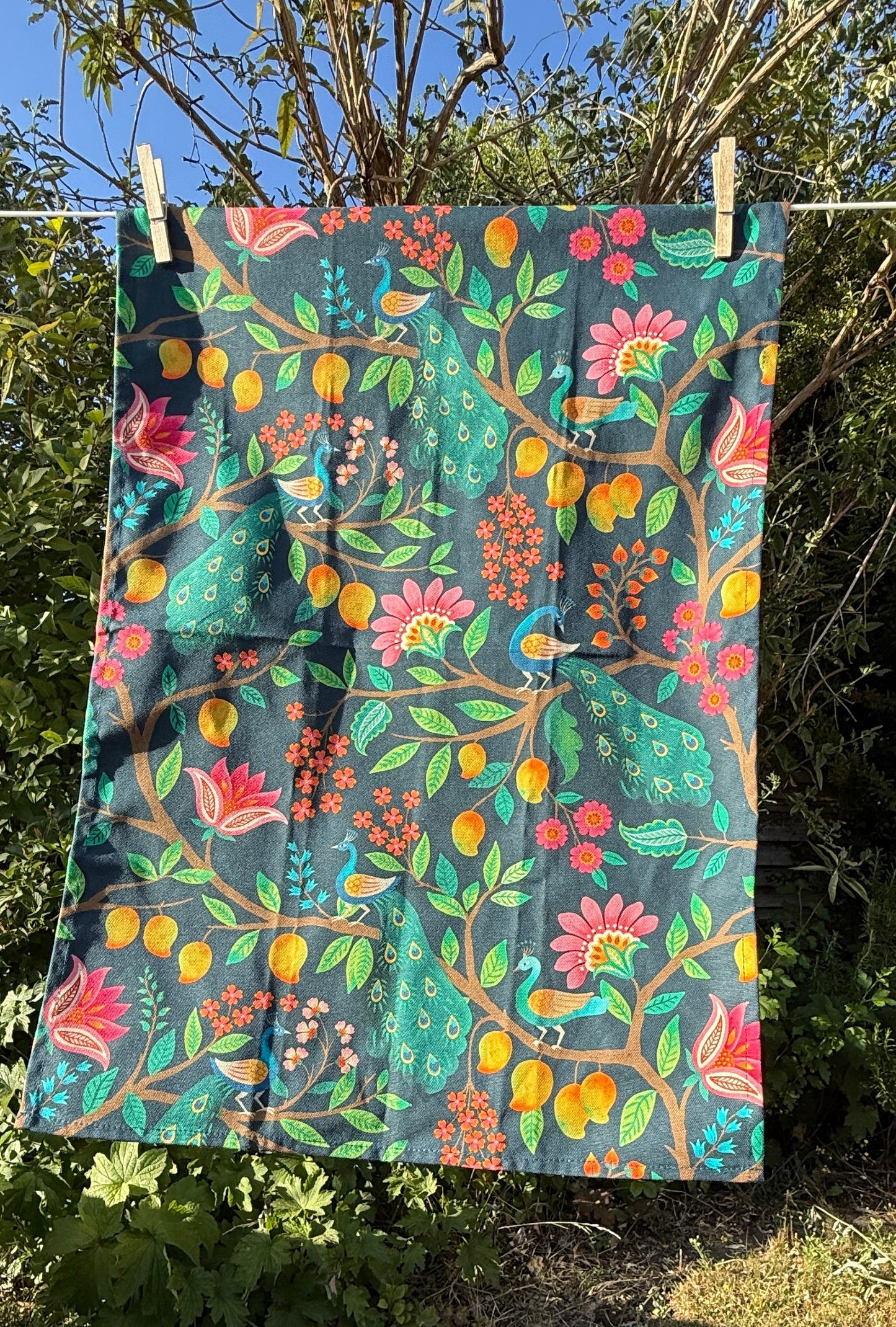 Designer cotton tea towel with handmade art work of peacock and mango tree, Indian inspired design