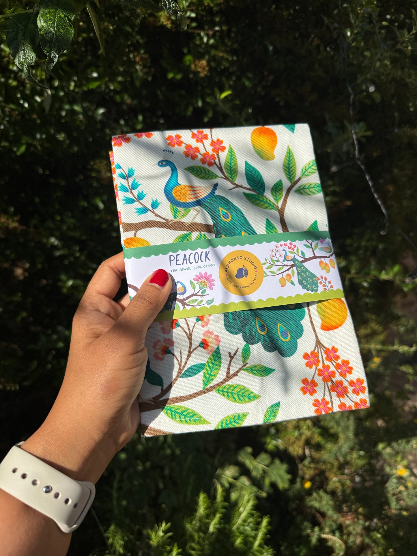 Designer cotton tea towel with handmade art work of peacock and mango tree, Indian inspired design