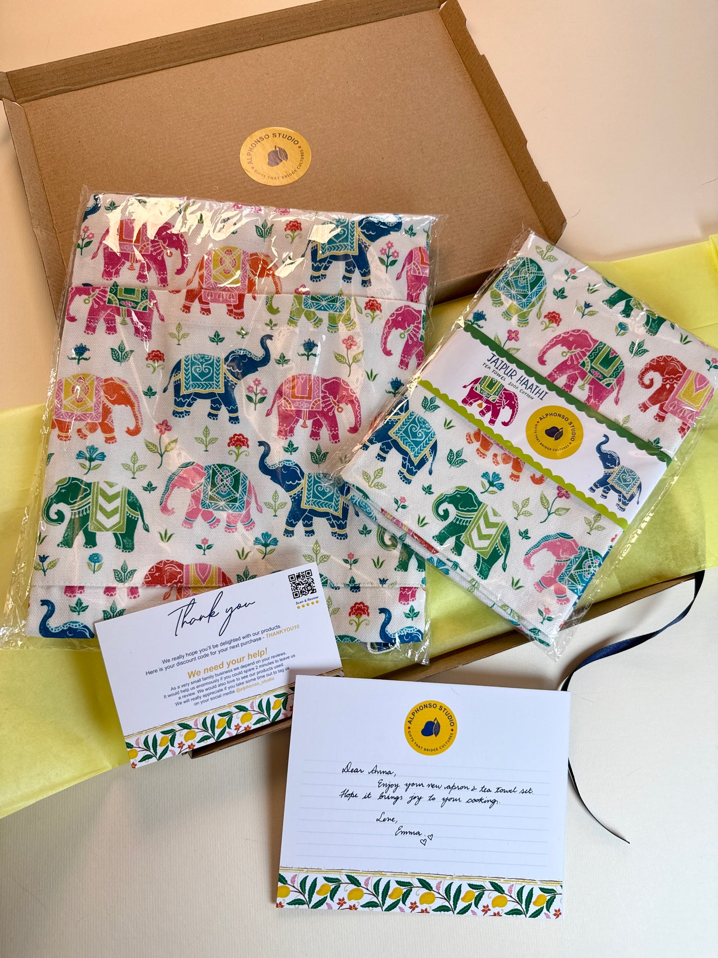 Personalised Diwali Gift Hamper – Cotton Apron & Tea Towel Royal Elephant