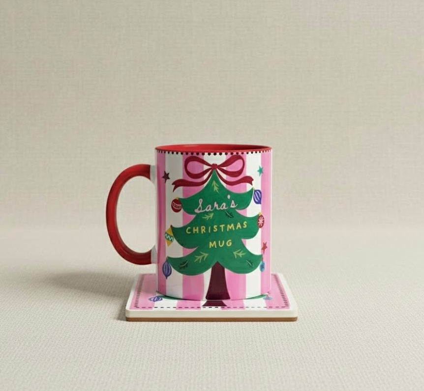 Christmas Mug with Custom Name, Handmade Christmas Tree Design