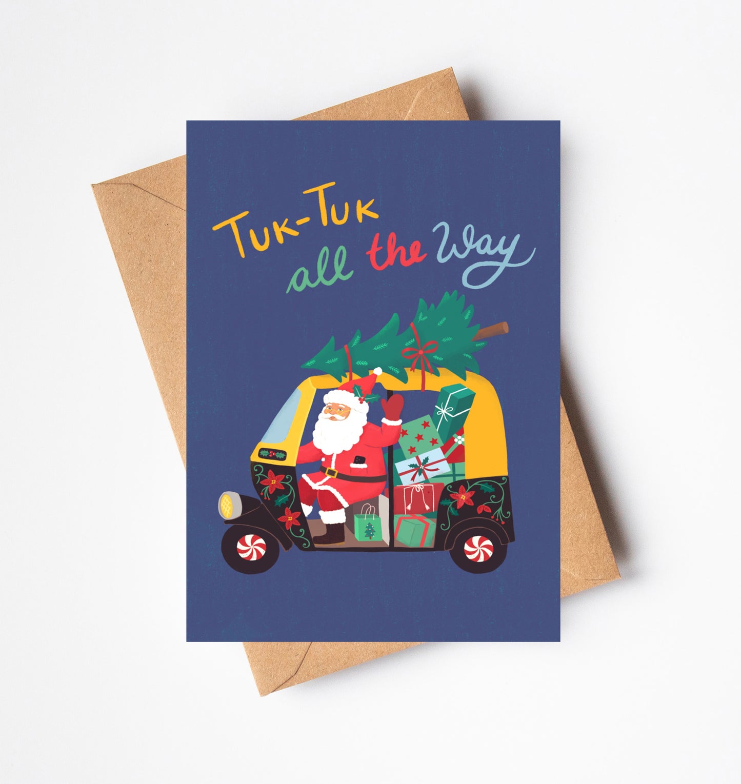 Santa Tuk-Tuk Christmas Card Set - Handmade Holiday Greeting