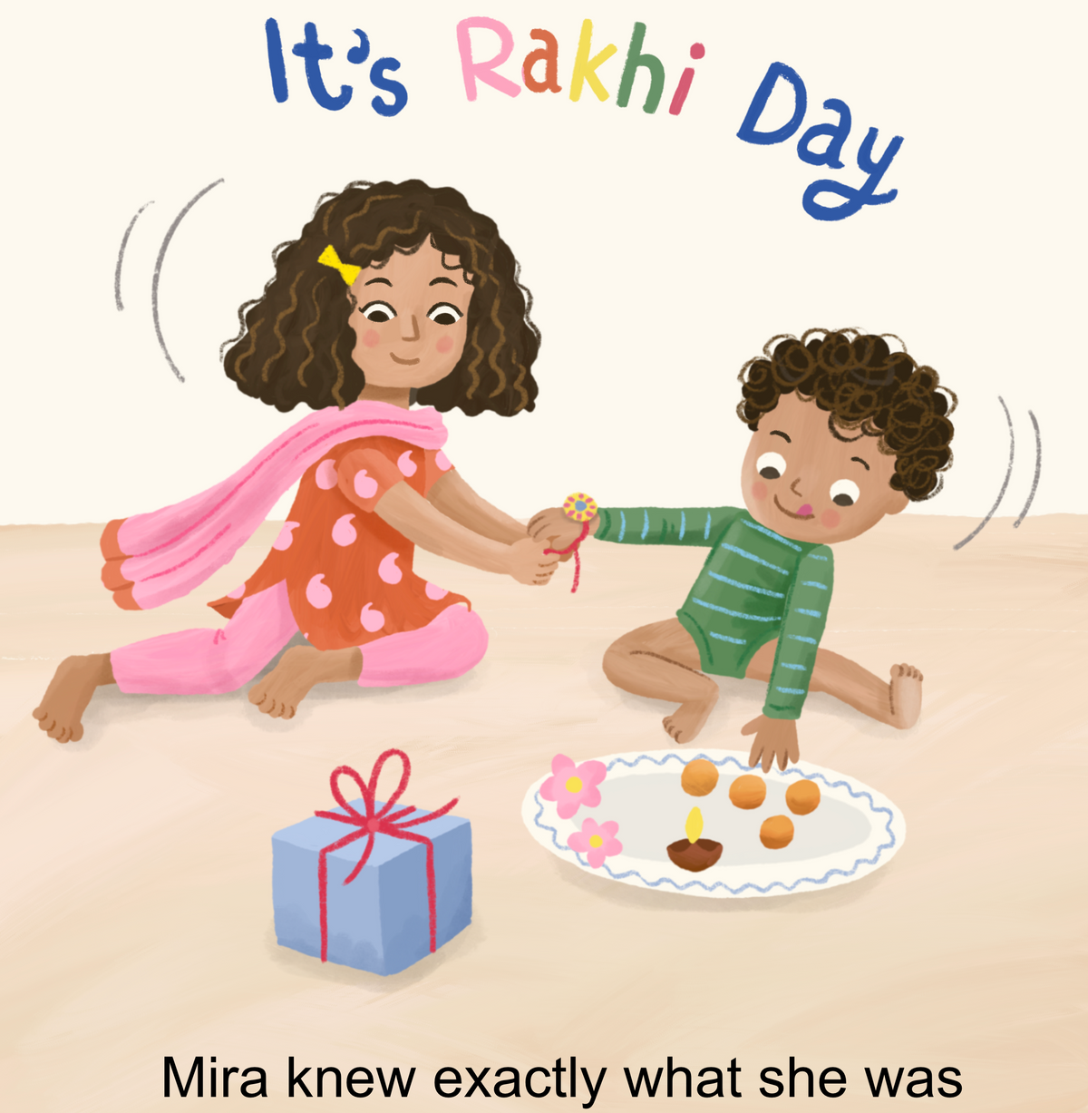 Illustrated children's book for 'It's Rakhi Day' featuring a girl in a pink and orange polka-dot dress and a boy in a green striped outfit sharing a small flower garland. A blue gift box and a plate with sweets are on the floor.