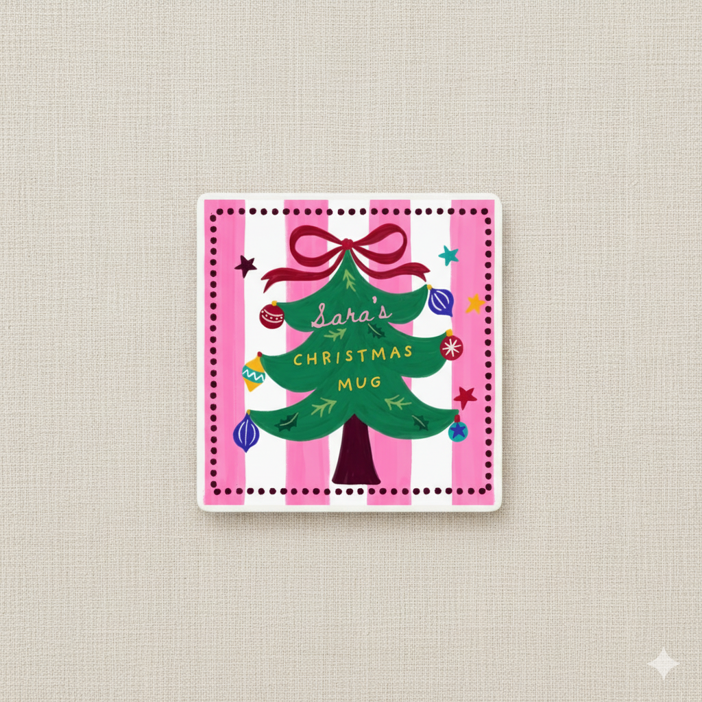 Christmas Mug with Custom Name, Handmade Christmas Tree Design