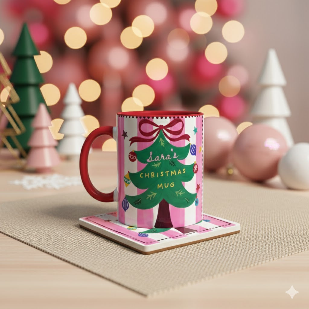Christmas Mug with Custom Name, Handmade Christmas Tree Design
