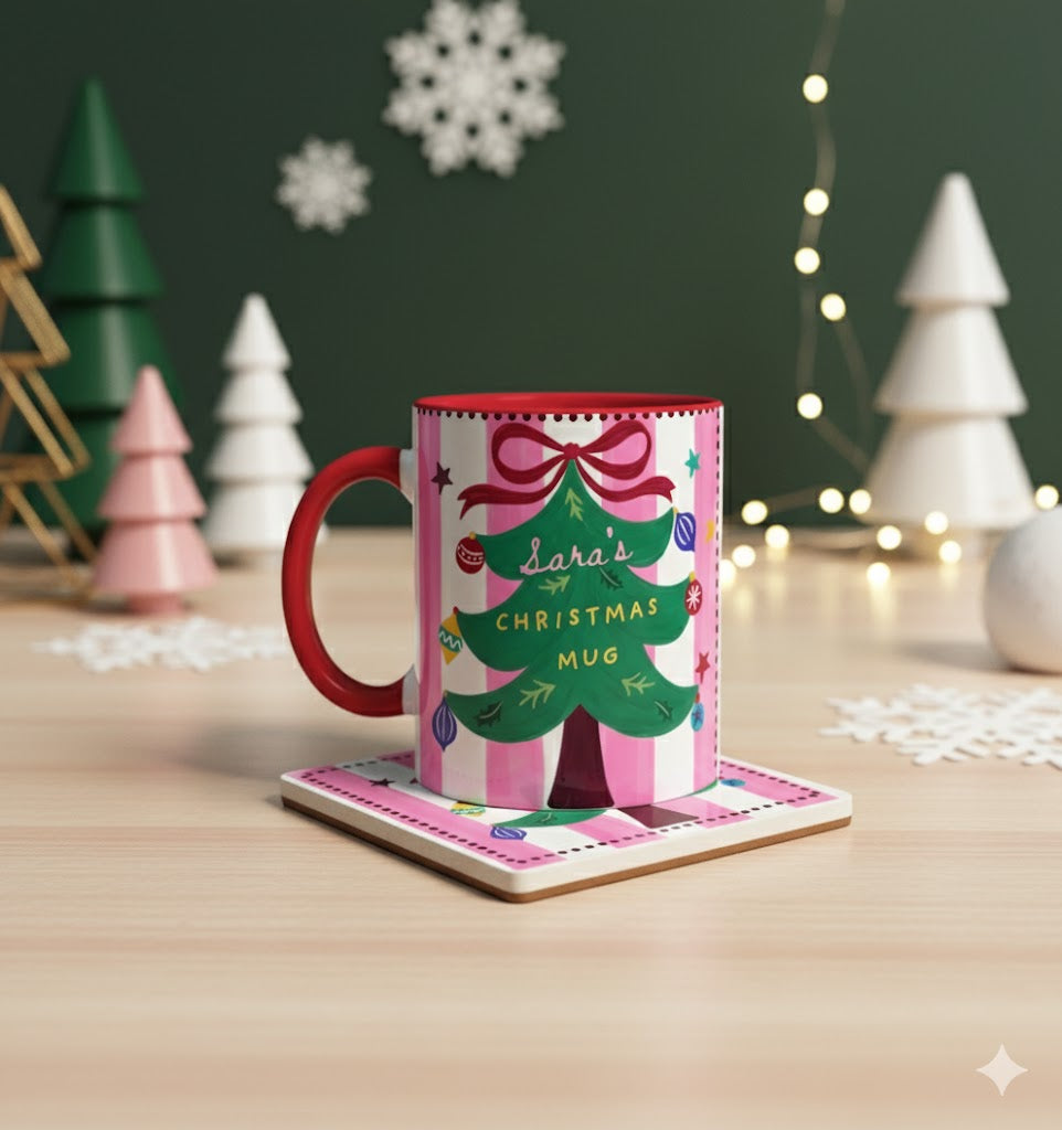 Christmas Mug with Custom Name, Handmade Christmas Tree Design