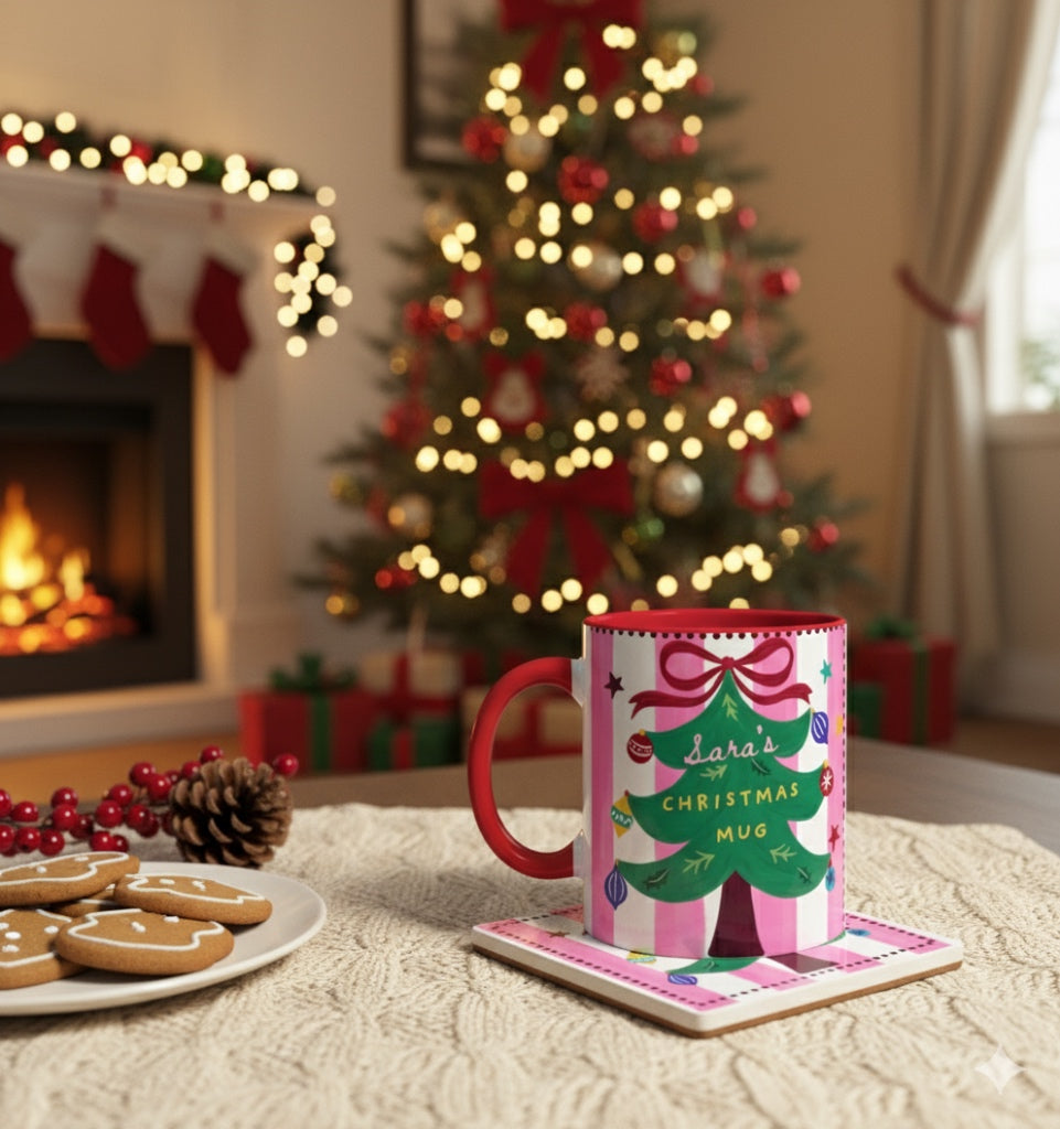 Christmas Mug with Custom Name, Handmade Christmas Tree Design