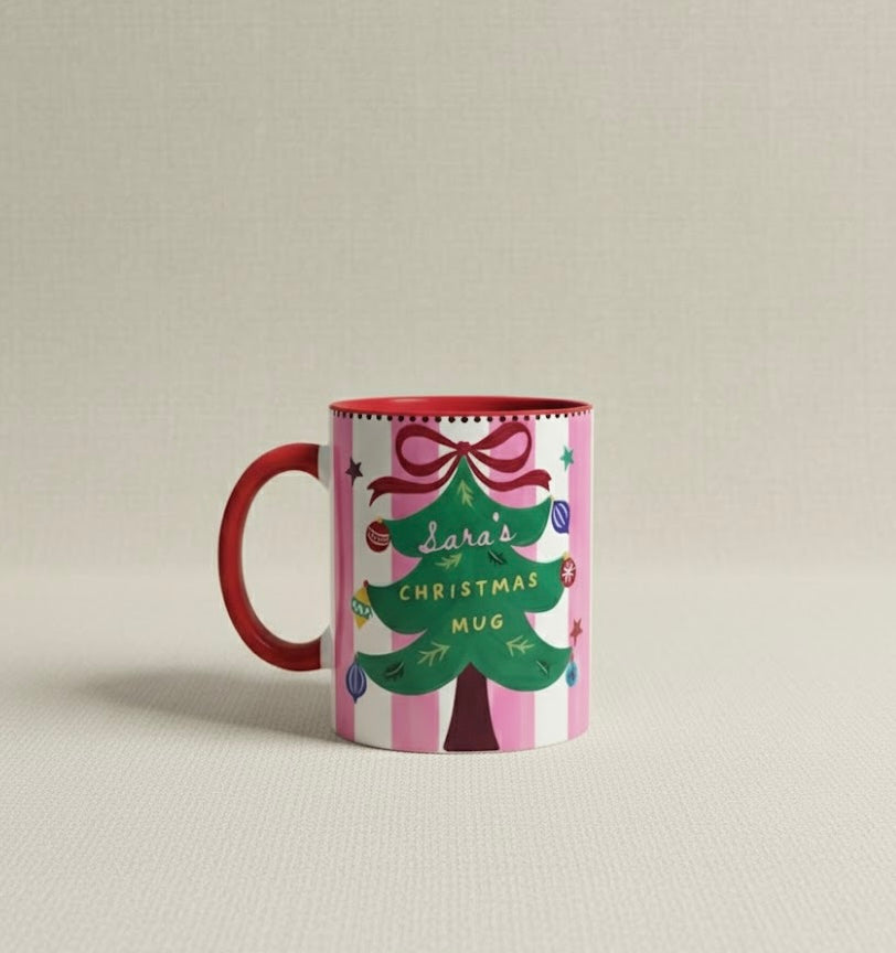 Christmas Mug with Custom Name, Handmade Christmas Tree Design