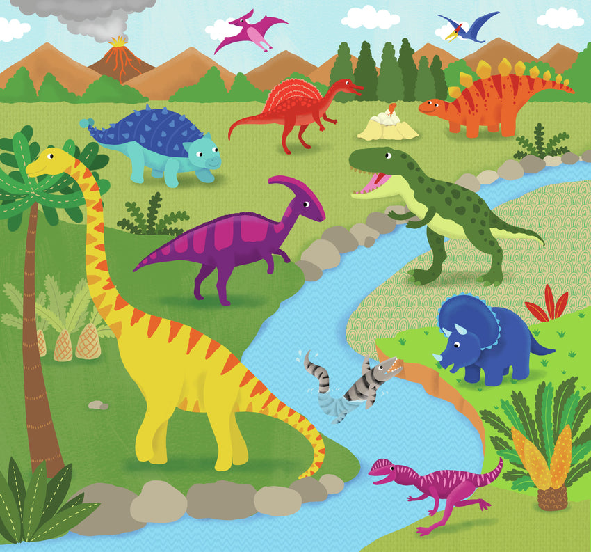Colorful illustration of dinosaurs in a prehistoric landscape with a river and mountains.