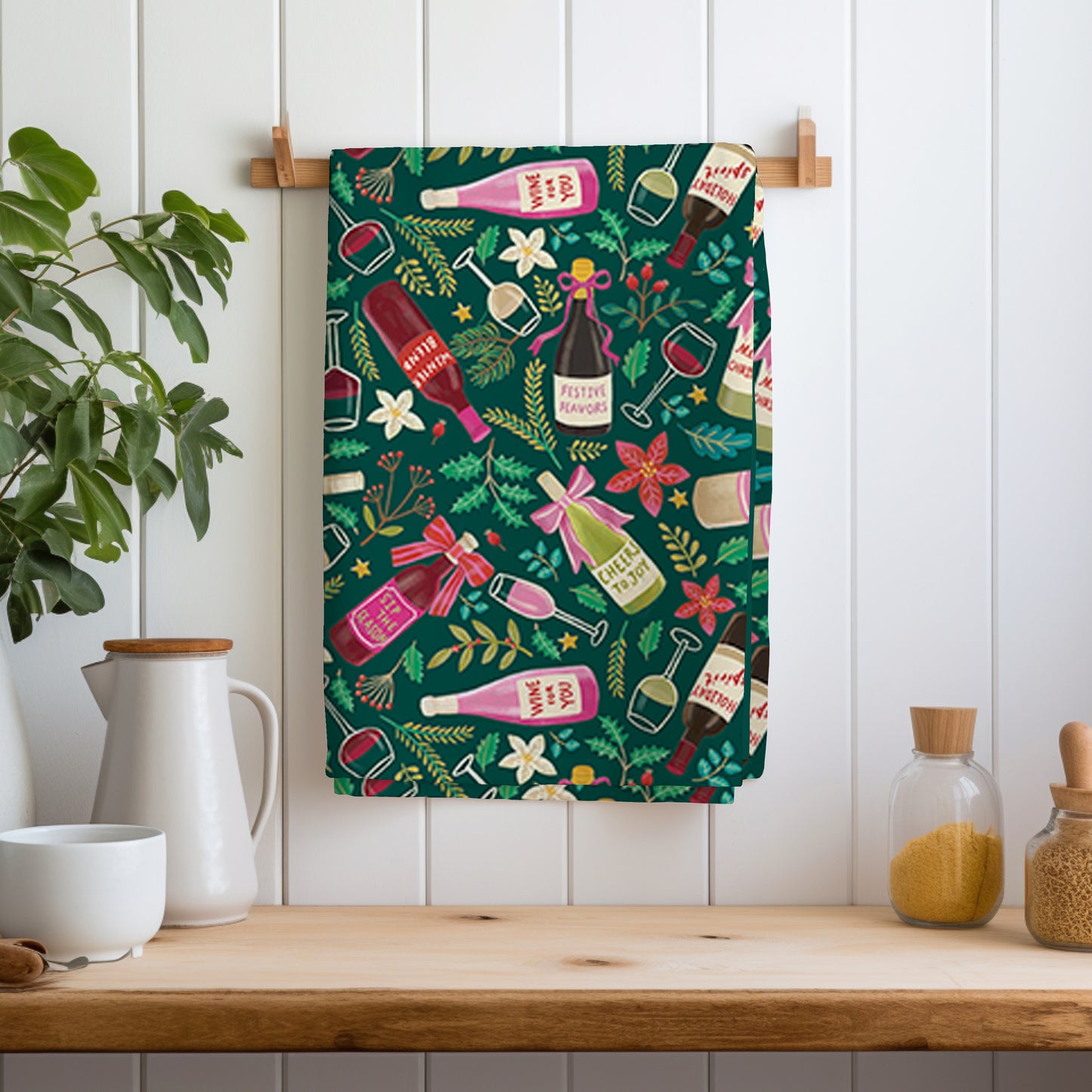Festive Wine Christmas Tea Towel – Hand Drawn Holiday Decor