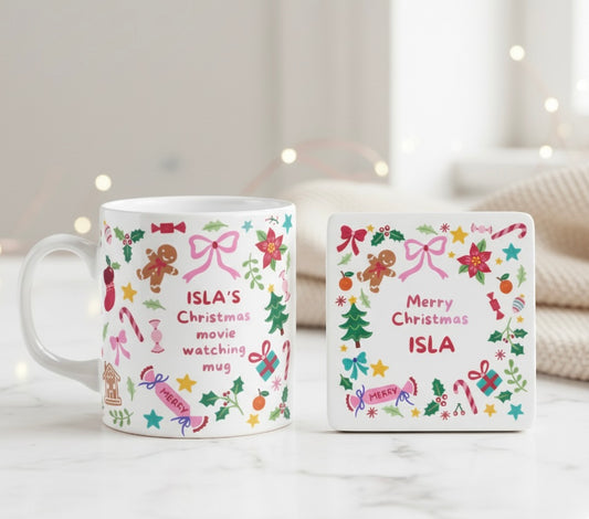 Personalised Christmas Movie Mug with Custom Name, Hand Drawn Holiday Design