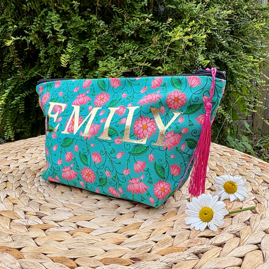 Customisable Lotus Makeup Bag with Name in Gold Shimmer