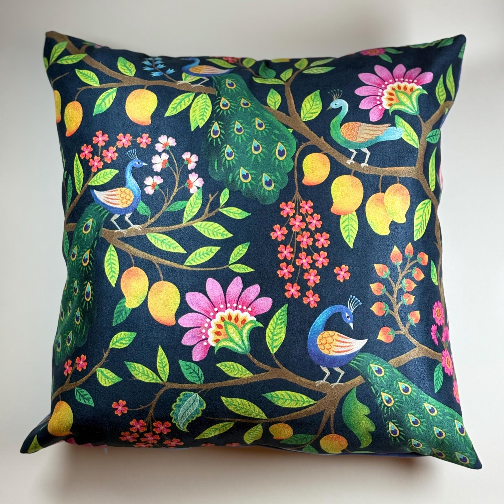 Peacocks on Mango tree hand drawn cushion cover for elegant home decor inspired by Indian forest theme beautifully hand crafted design , luxury cushion cover