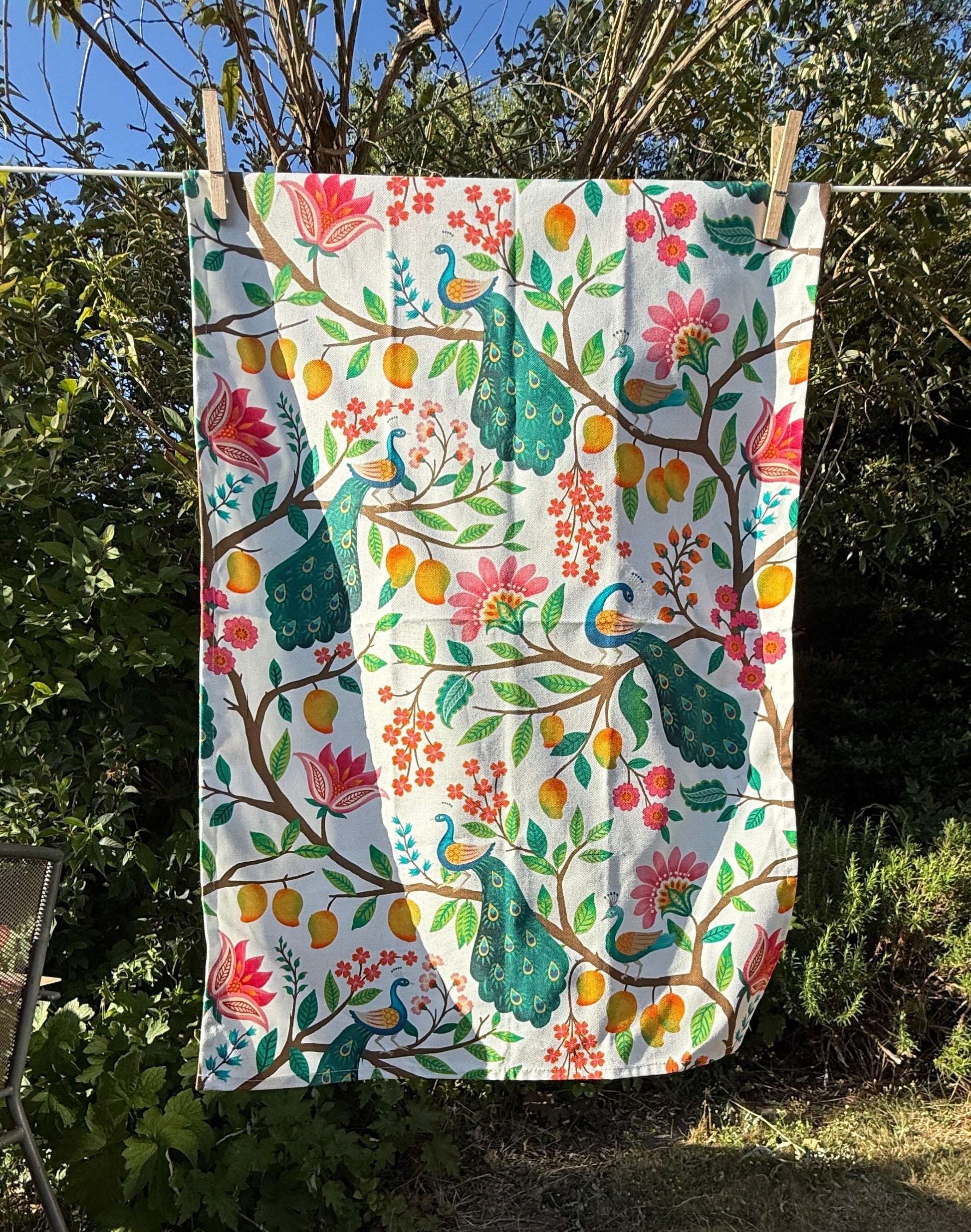 Designer tea towel handmade artwork of indian inspired peacock and mango illustration
