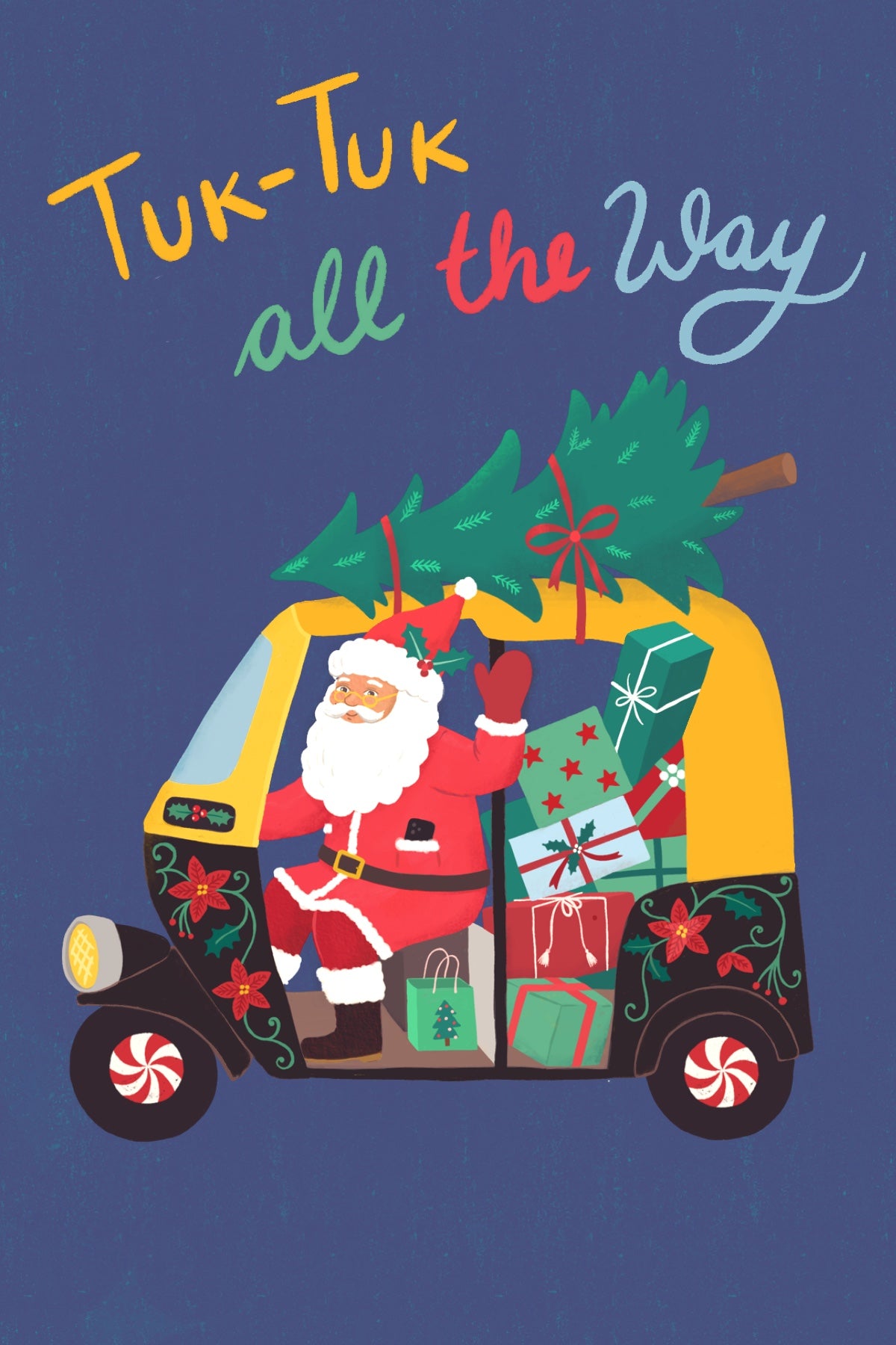 Santa Tuk-Tuk Christmas Card Set - Handmade Holiday Greeting