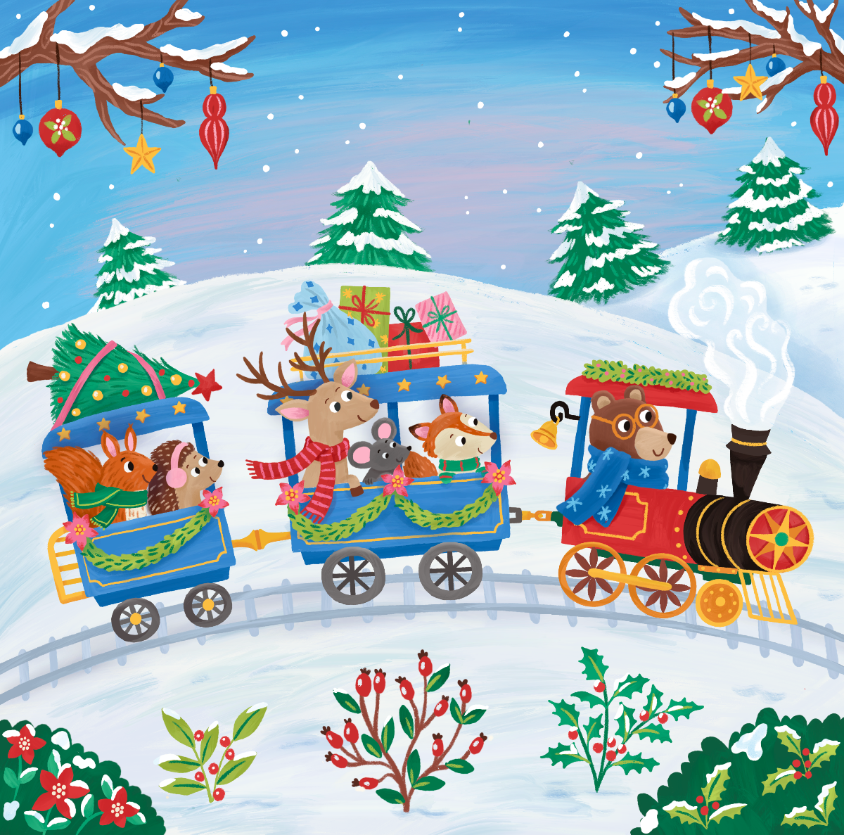 A festive illustrated Christmas train scene with woodland animals traveling through a snowy landscape. The train has three blue passenger cars and a red locomotive, loaded with gifts, a Christmas tree, and holiday decorations.