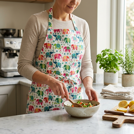Elephant print cotton kitchen apron with pocket