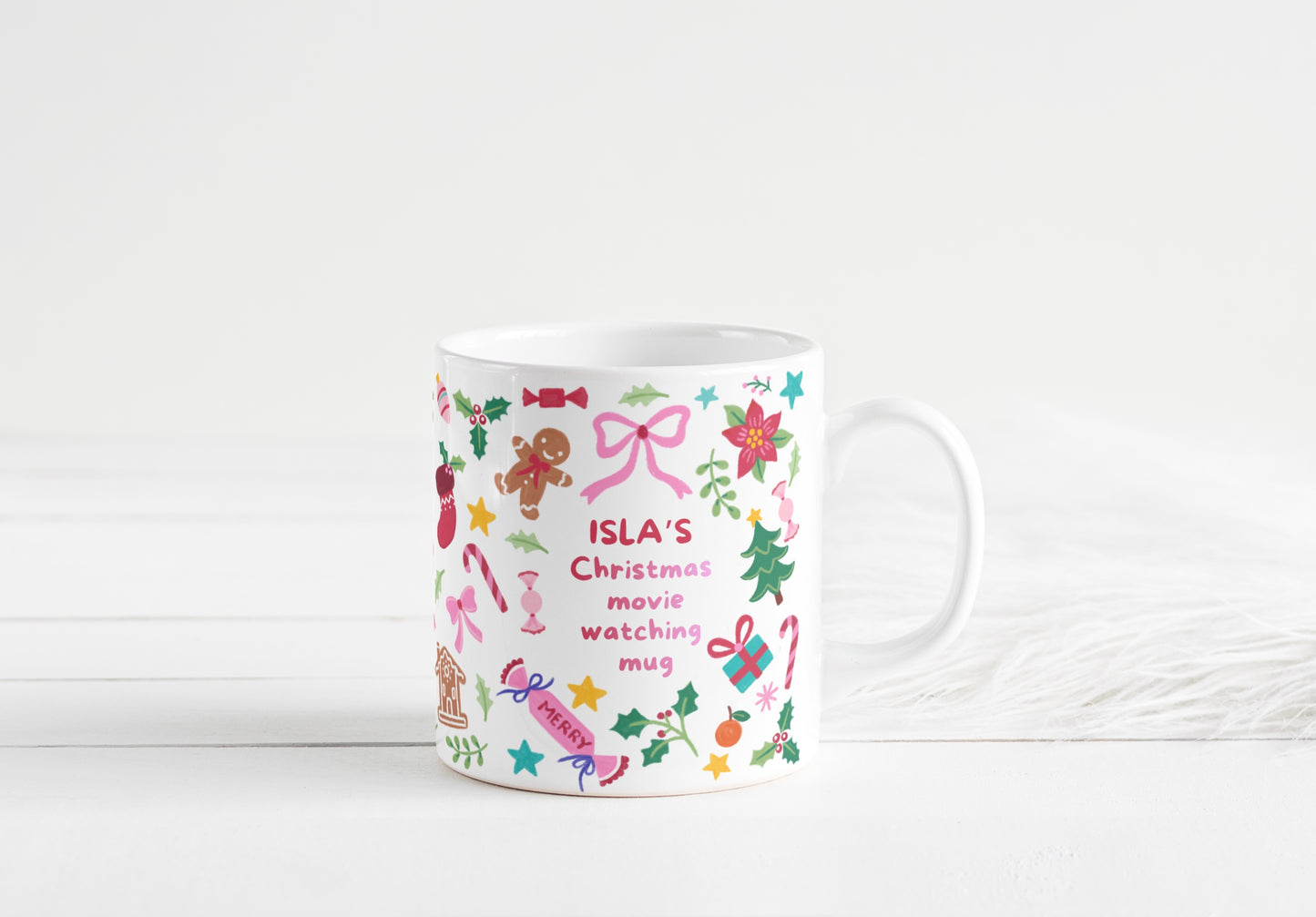 Personalised Christmas Movie Mug with Custom Name, Hand Drawn Holiday Design