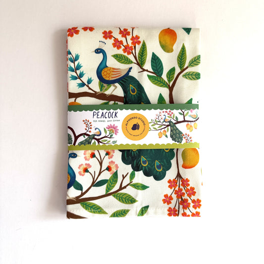 Designer cotton tea towel with handmade art work of peacock and mango tree, Indian inspired design 