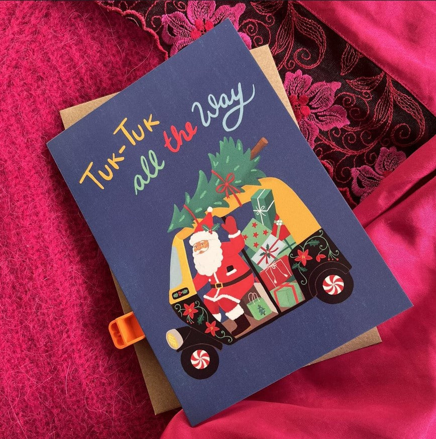 Santa Tuk-Tuk Christmas Card Set - Handmade Holiday Greeting