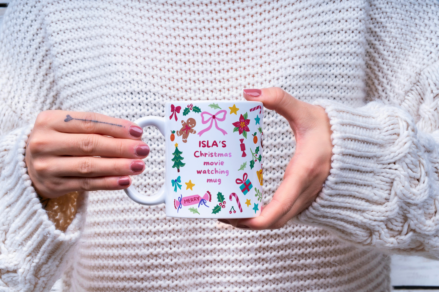 Personalised Christmas Movie Mug with Custom Name, Hand Drawn Holiday Design