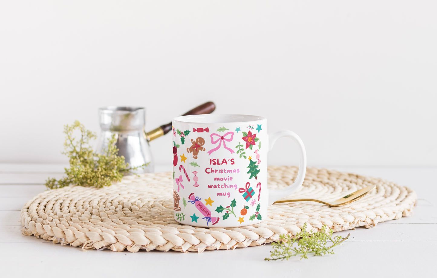 Personalised Christmas Movie Mug with Custom Name, Hand Drawn Holiday Design